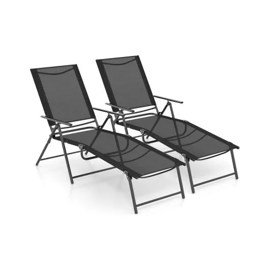 2 Piece Patio Folding Chaise Lounge Chairs Recliner with 6-Level Backrest-Black