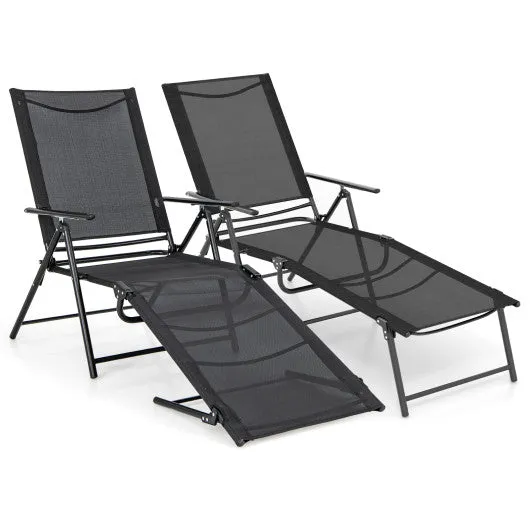 2 Piece Patio Folding Chaise Lounge Chairs Recliner with 6-Level Backrest-Black