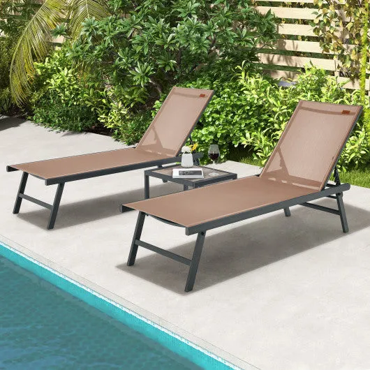 3 Pieces Patio Chaise Lounge Chair and Table Set for Poolside Yard-Brown