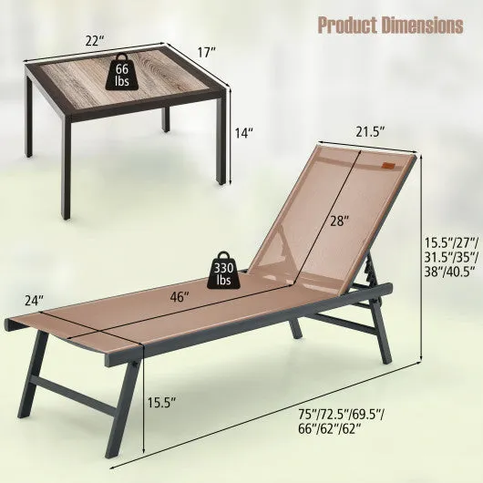 3 Pieces Patio Chaise Lounge Chair and Table Set for Poolside Yard-Brown