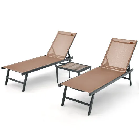 3 Pieces Patio Chaise Lounge Chair and Table Set for Poolside Yard-Brown