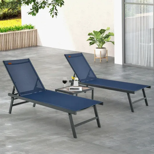 3 Pieces Patio Chaise Lounge Chair and Table Set for Poolside Yard-Navy