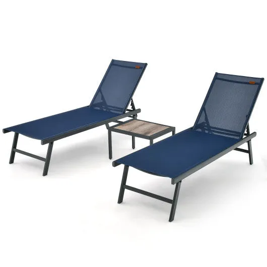 3 Pieces Patio Chaise Lounge Chair and Table Set for Poolside Yard-Navy