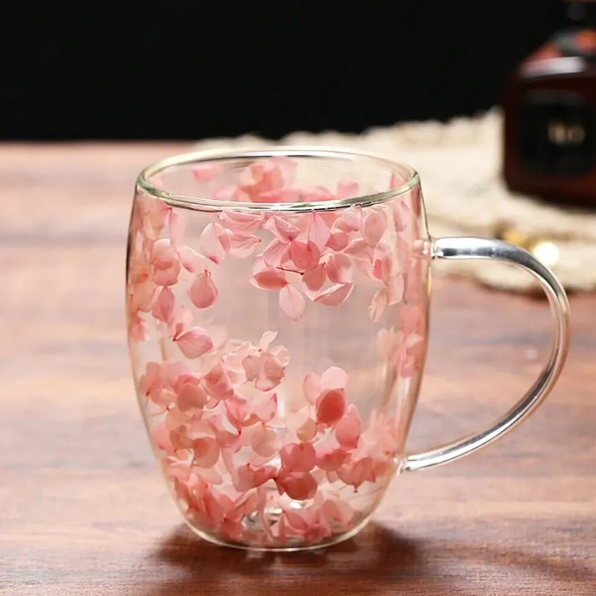 350ml Flower Petals Double Walled Glass Coffee Mug