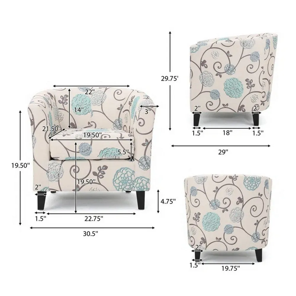 Accent Club Chair, Round Arms, Cream Blue Fabric Floral Details, Birch Wood By Casagear Home