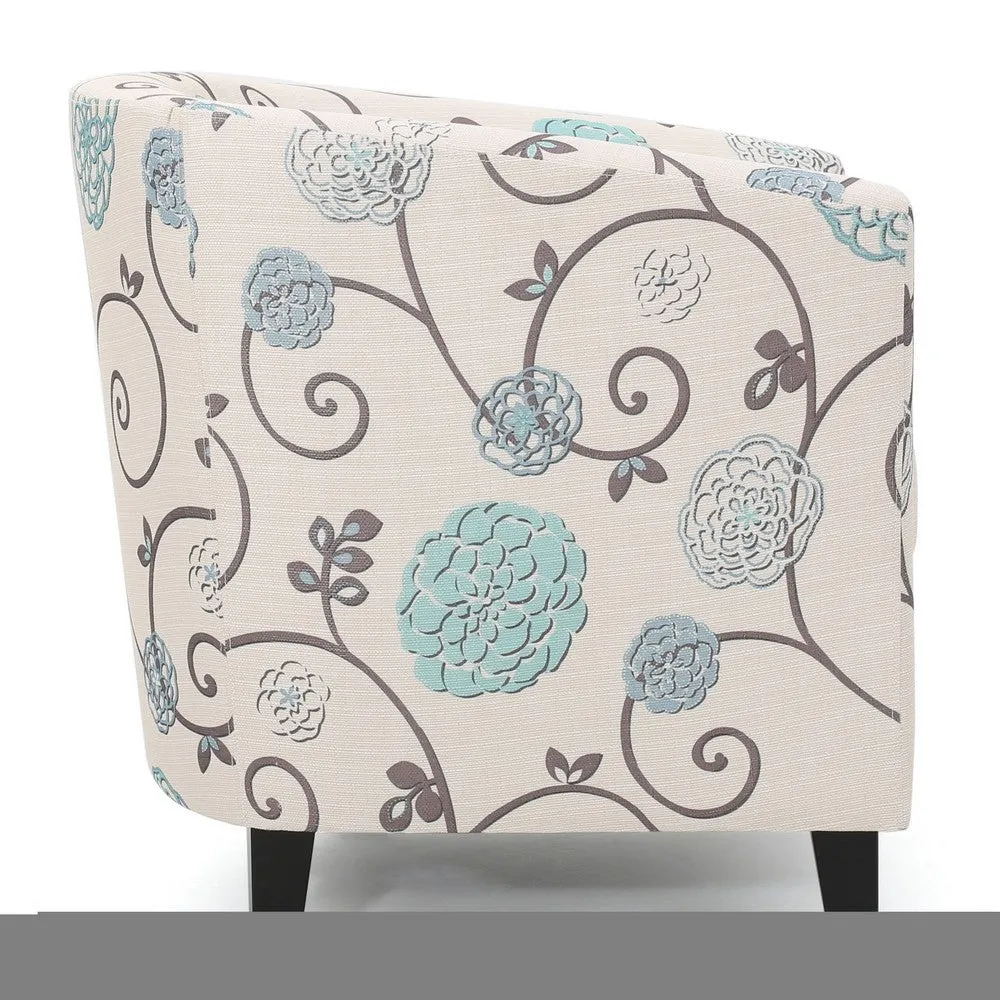 Accent Club Chair, Round Arms, Cream Blue Fabric Floral Details, Birch Wood By Casagear Home