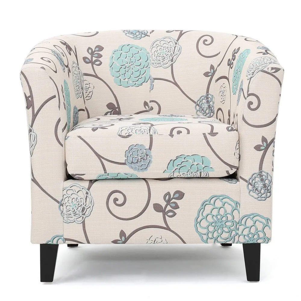 Accent Club Chair, Round Arms, Cream Blue Fabric Floral Details, Birch Wood By Casagear Home