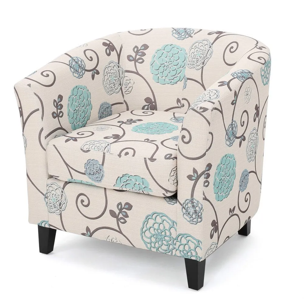 Accent Club Chair, Round Arms, Cream Blue Fabric Floral Details, Birch Wood By Casagear Home