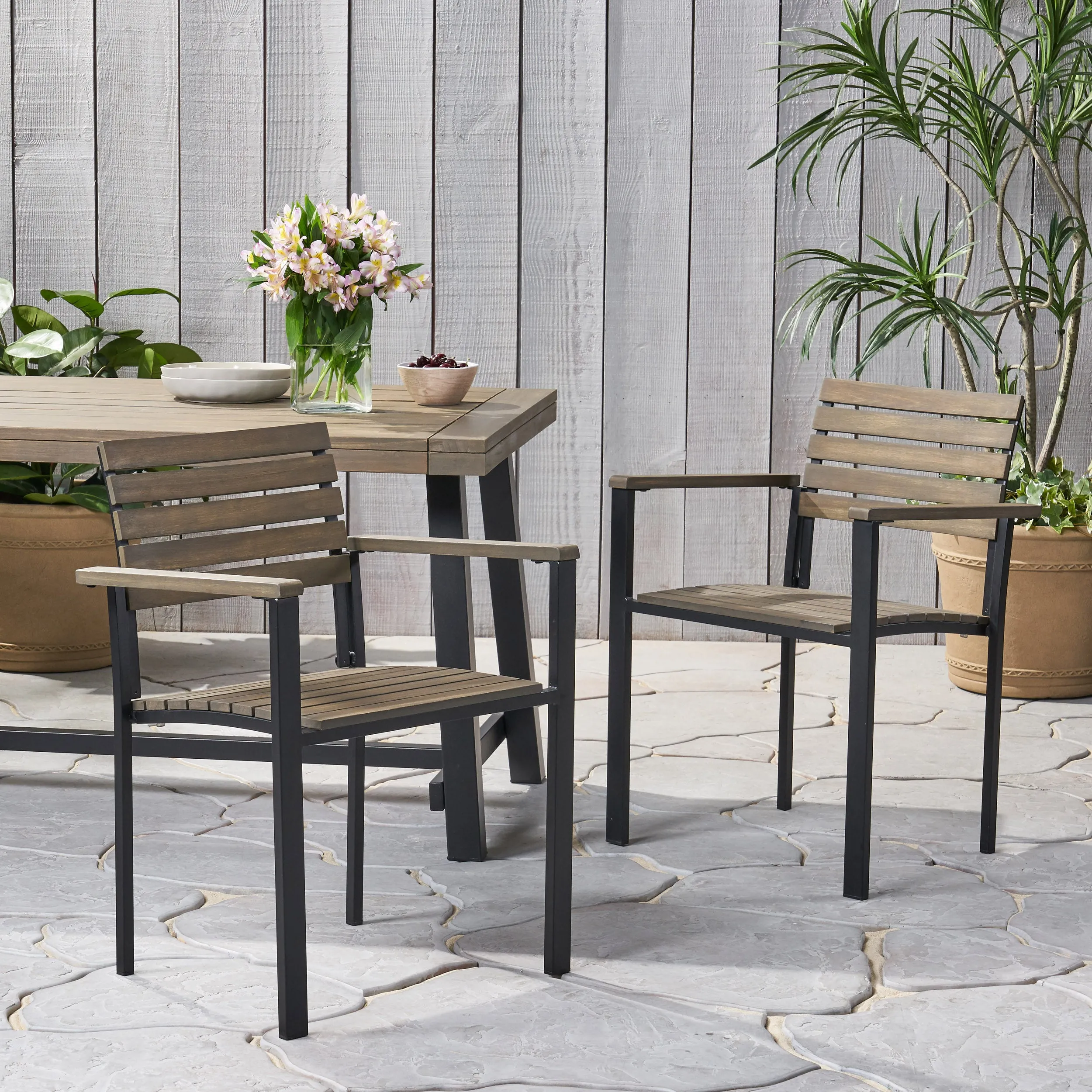 Alberta Outdoor Wood and Iron Dining Chairs (Set of 2)