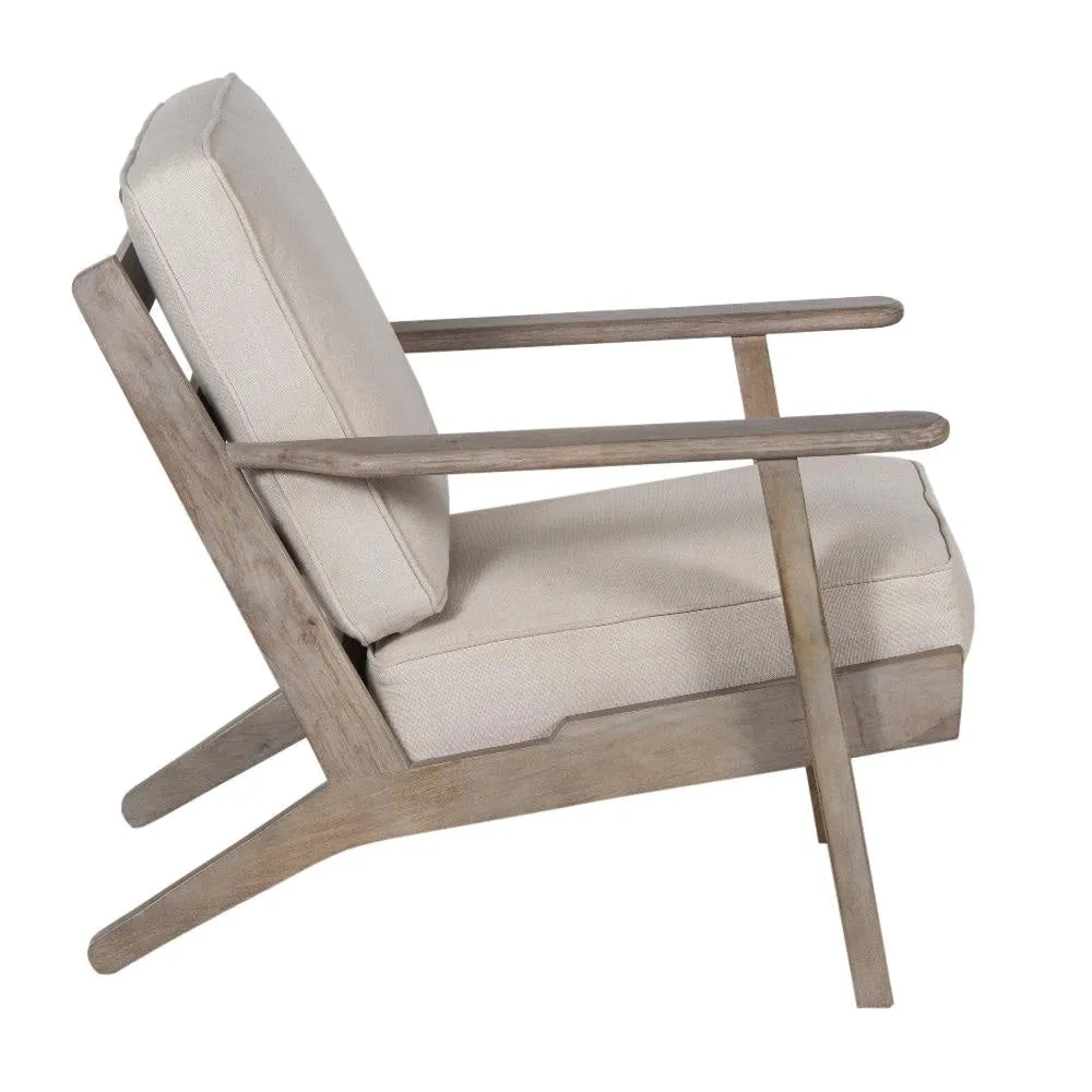 Amber Accent Chair, Handcrafted Washed Ash Gray Mango Wood, Beige Fabric Cushions, Angled Legs