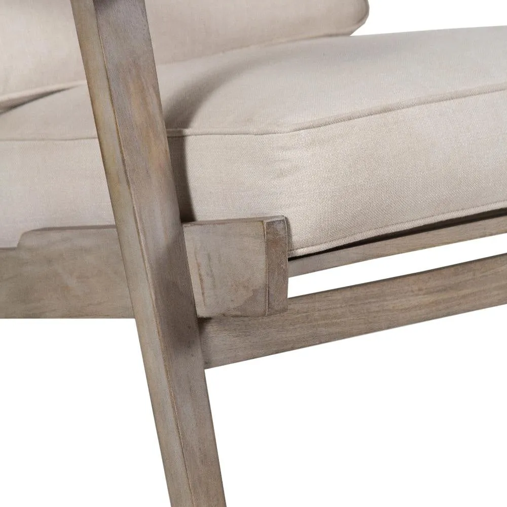 Amber Accent Chair, Handcrafted Washed Ash Gray Mango Wood, Beige Fabric Cushions, Angled Legs