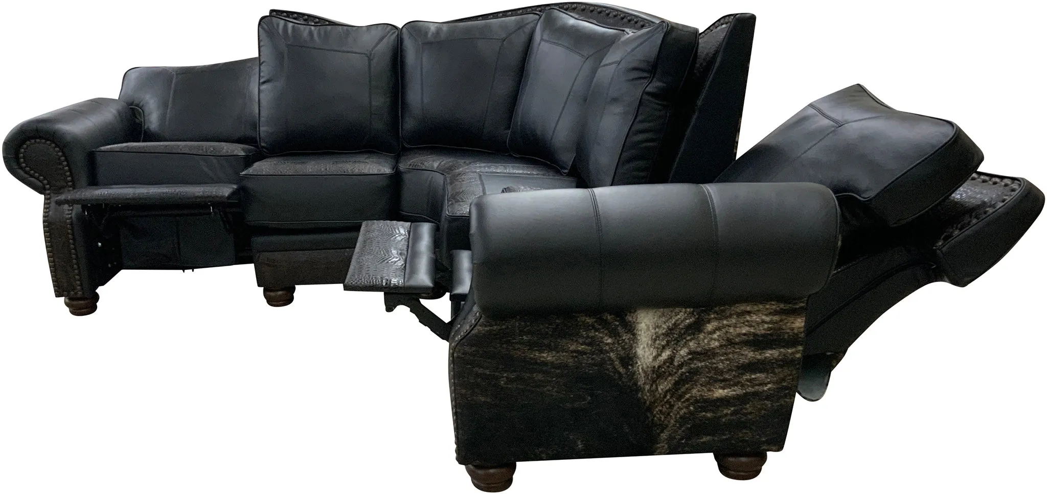 Black Leather and Brindle Western Reclining Sofa