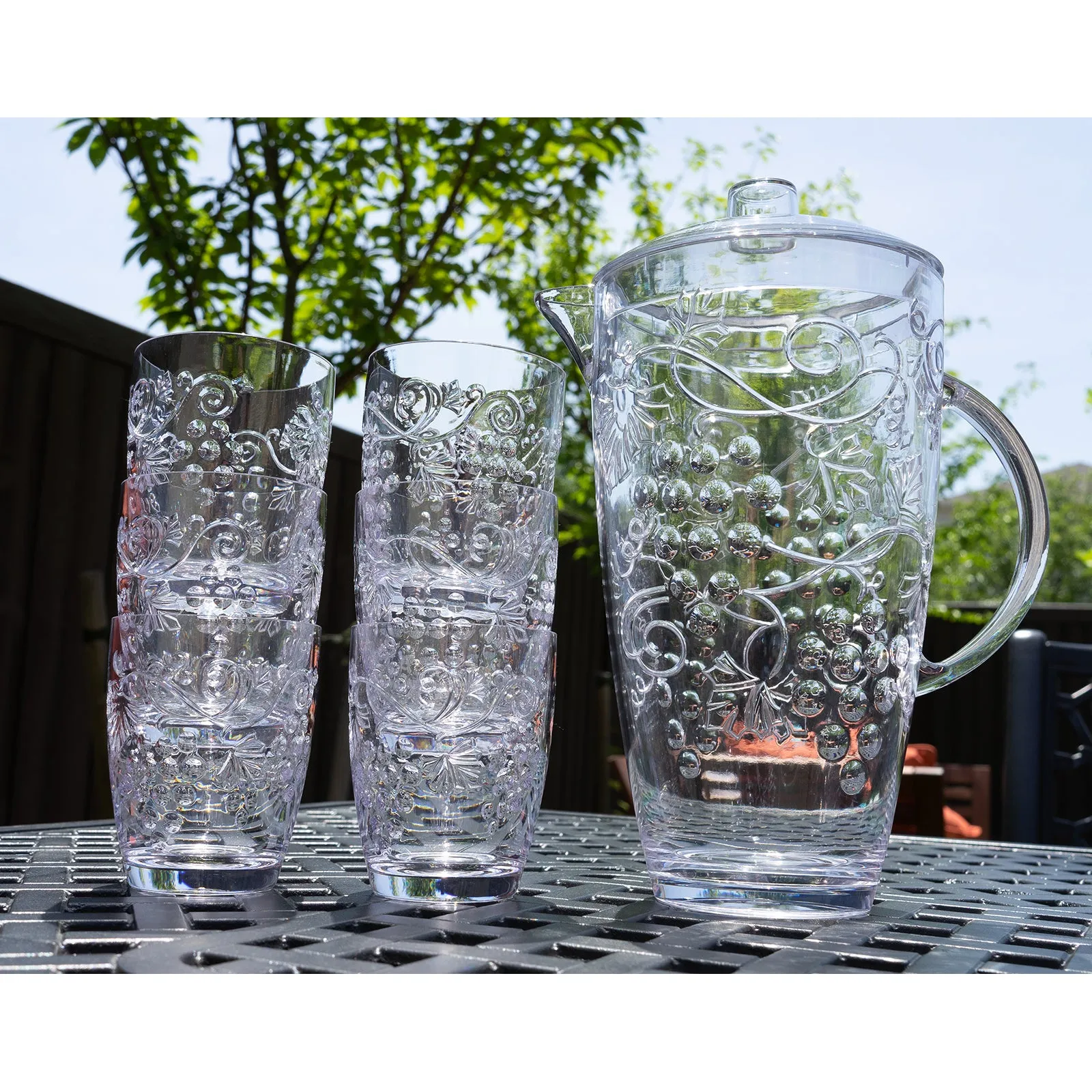 Break Resistant "Fruits" Clear Plastic Pitcher with Lid and 6 Tumbler Glasses Set - Perfect for Iced Tea, Sangria, Lemonade (93 fl oz. pitcher - 13 fl oz. glasses)