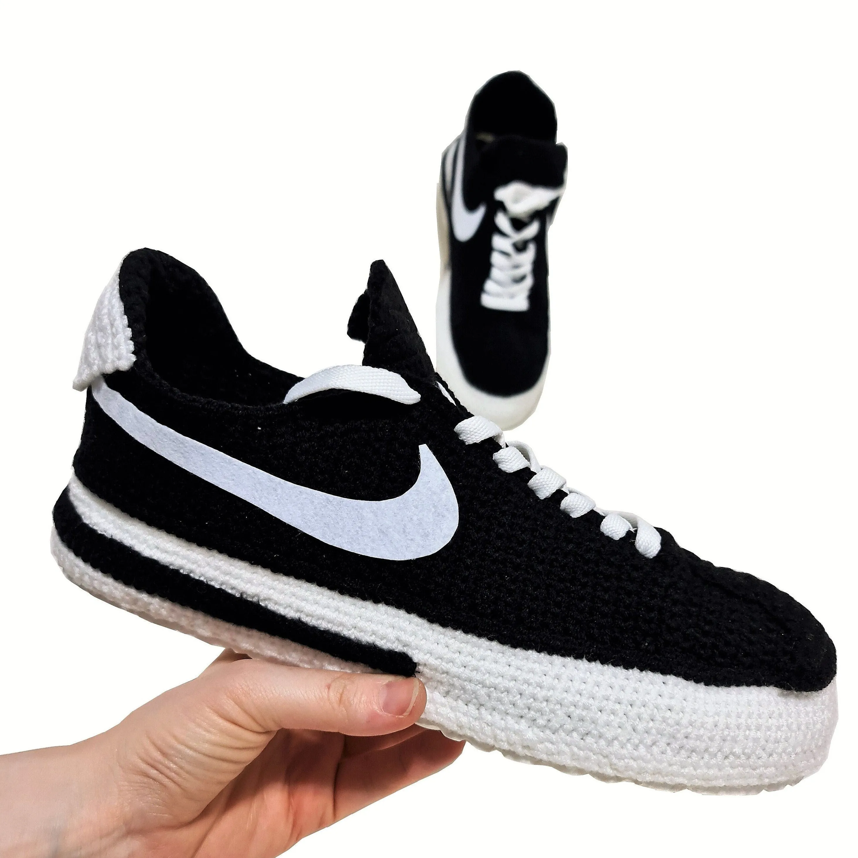 Classic Cortez Crochet Black/White Slippers Custom Sneakers - Soft Plush Breathable Socks Comfortable Shoes