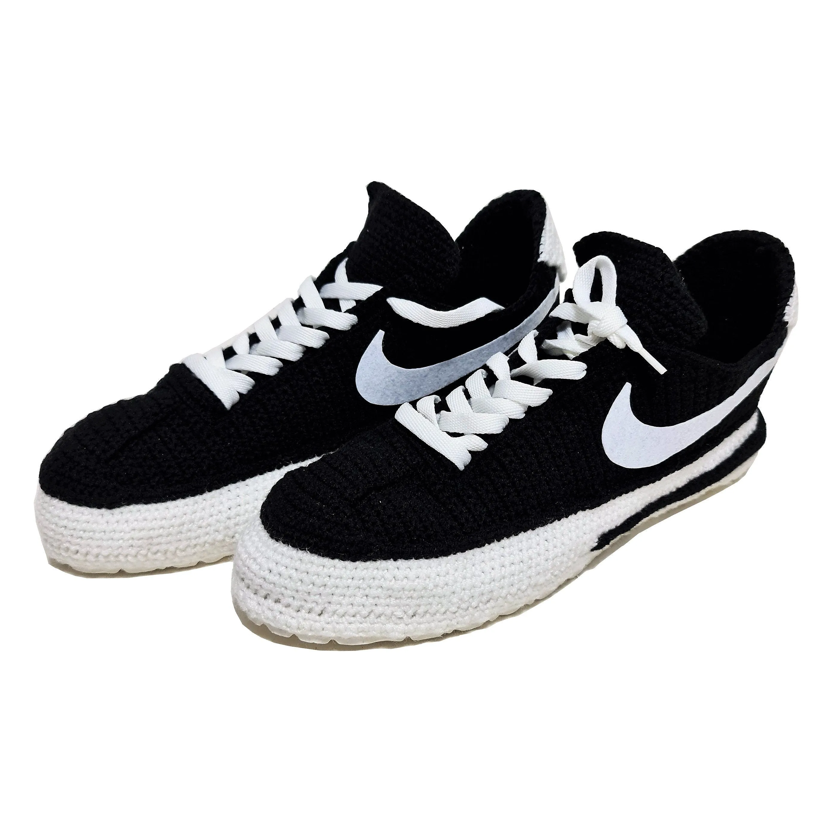 Classic Cortez Crochet Black/White Slippers Custom Sneakers - Soft Plush Breathable Socks Comfortable Shoes