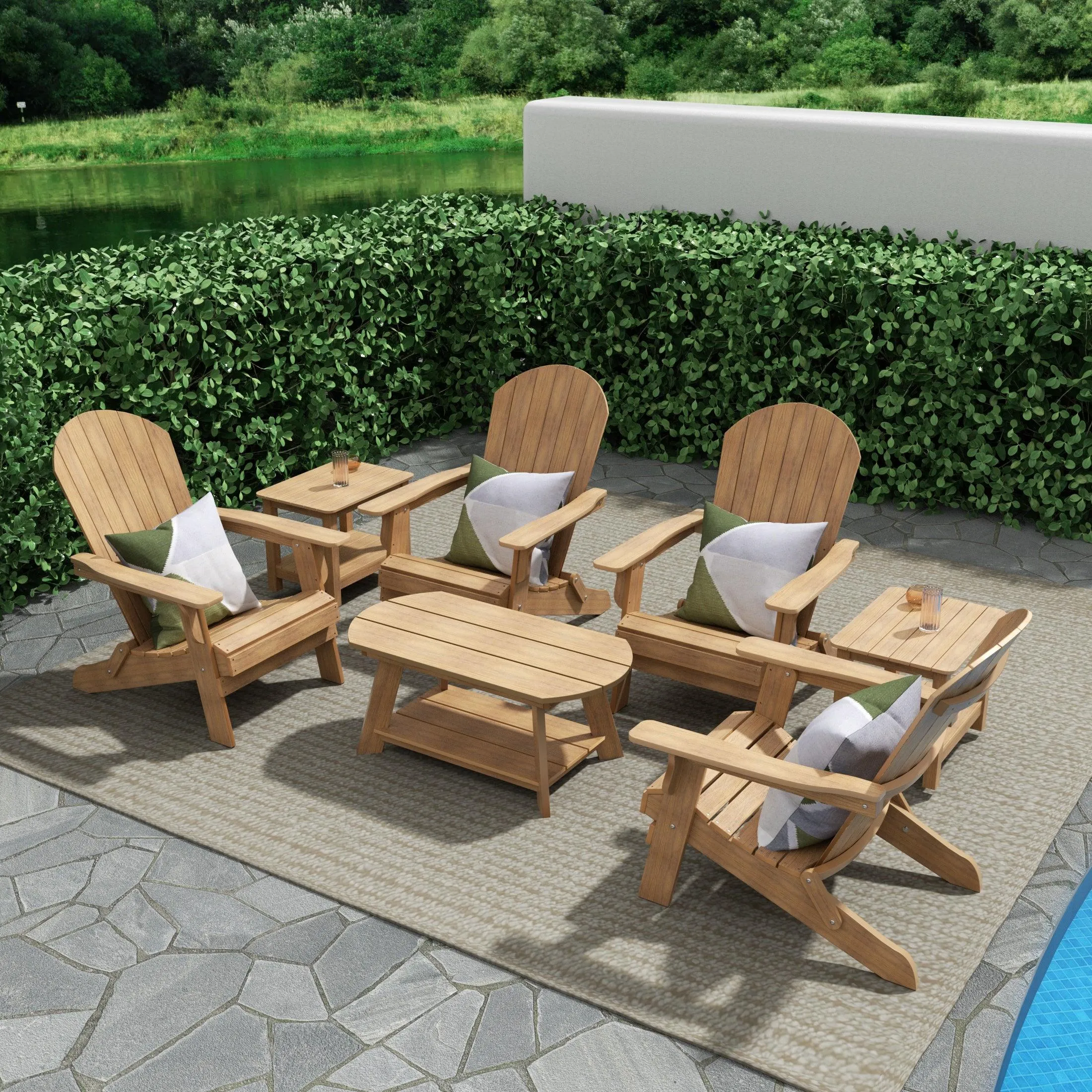 Florence 7-Piece HIPS Folding Adirondack Chair with Coffee Table and Side Table Set