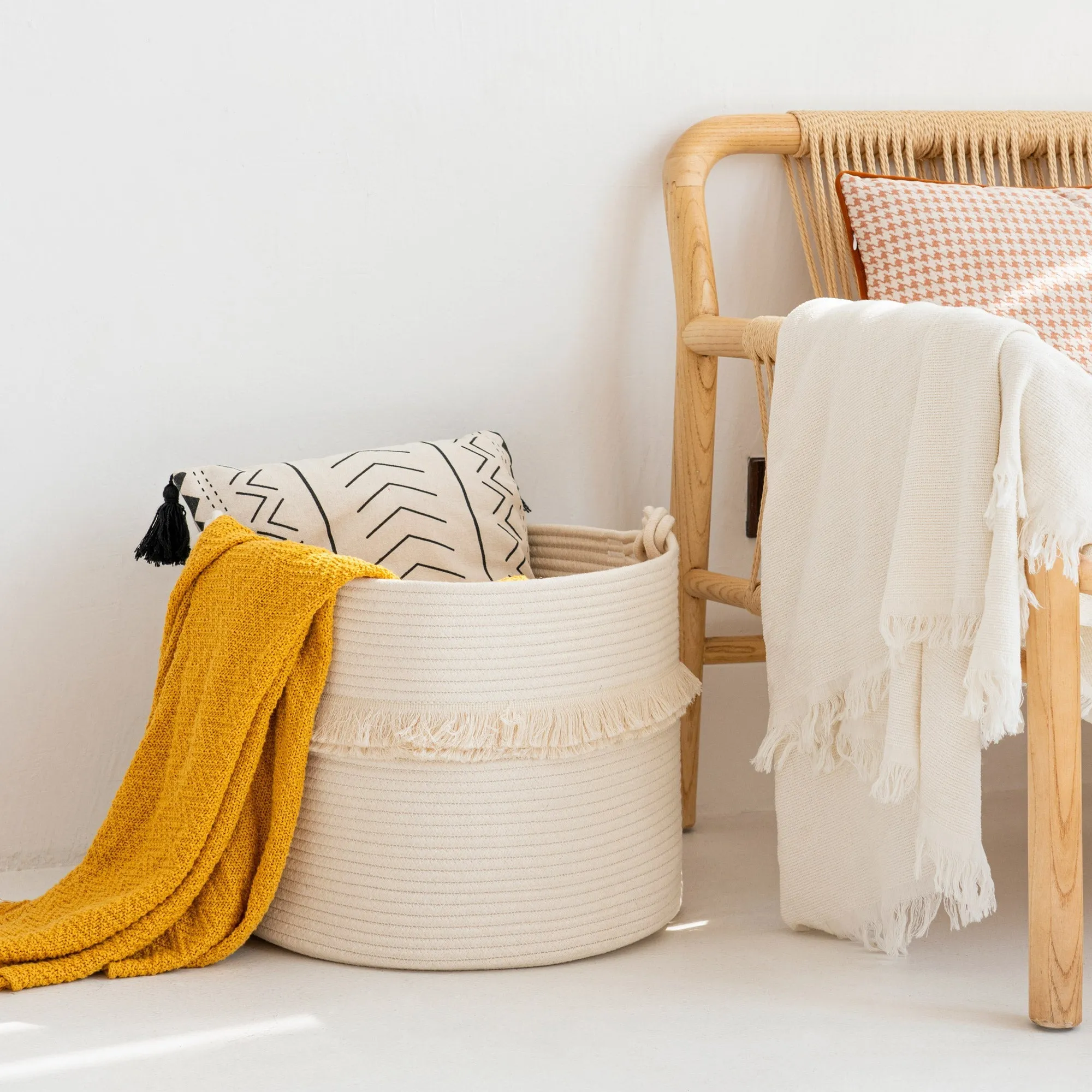 Large Woven Storage Baskets, Cute Tassel Nursery Decor, Off-White