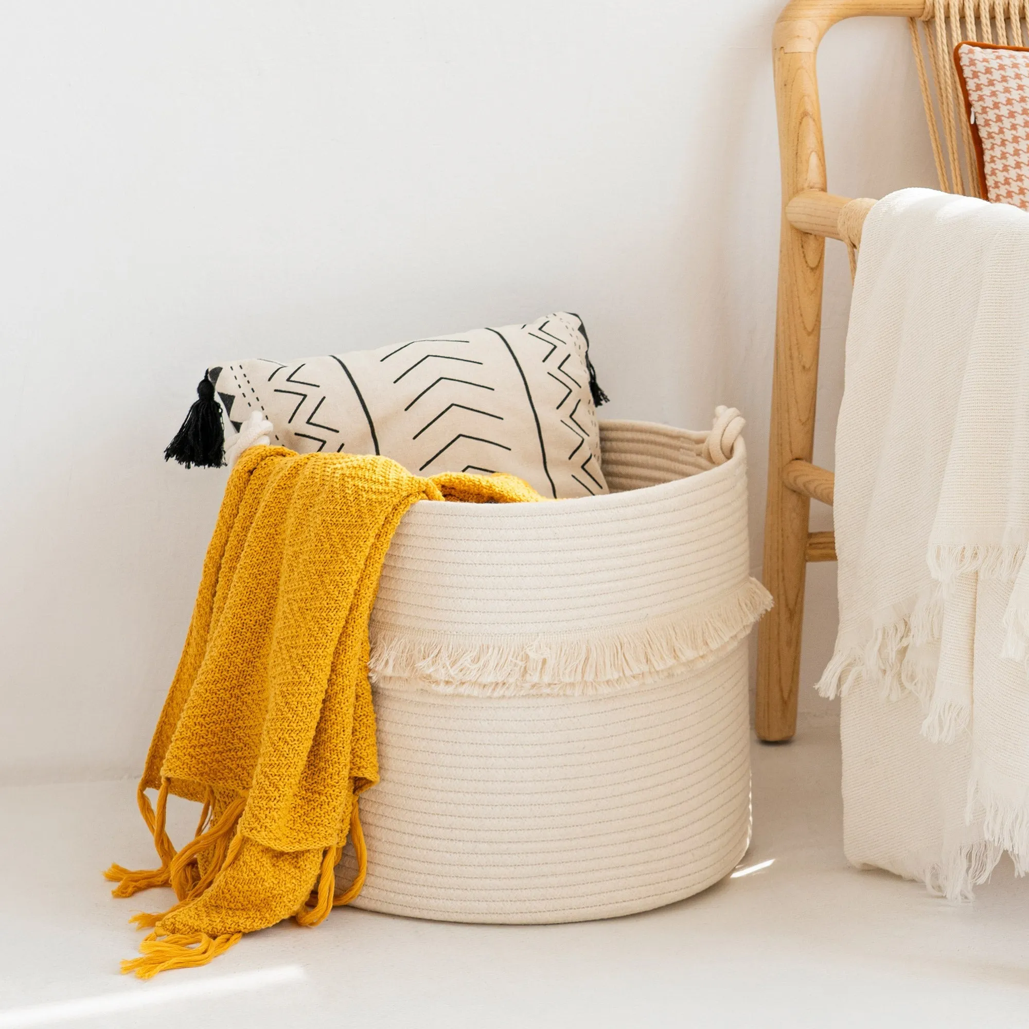 Large Woven Storage Baskets, Cute Tassel Nursery Decor, Off-White