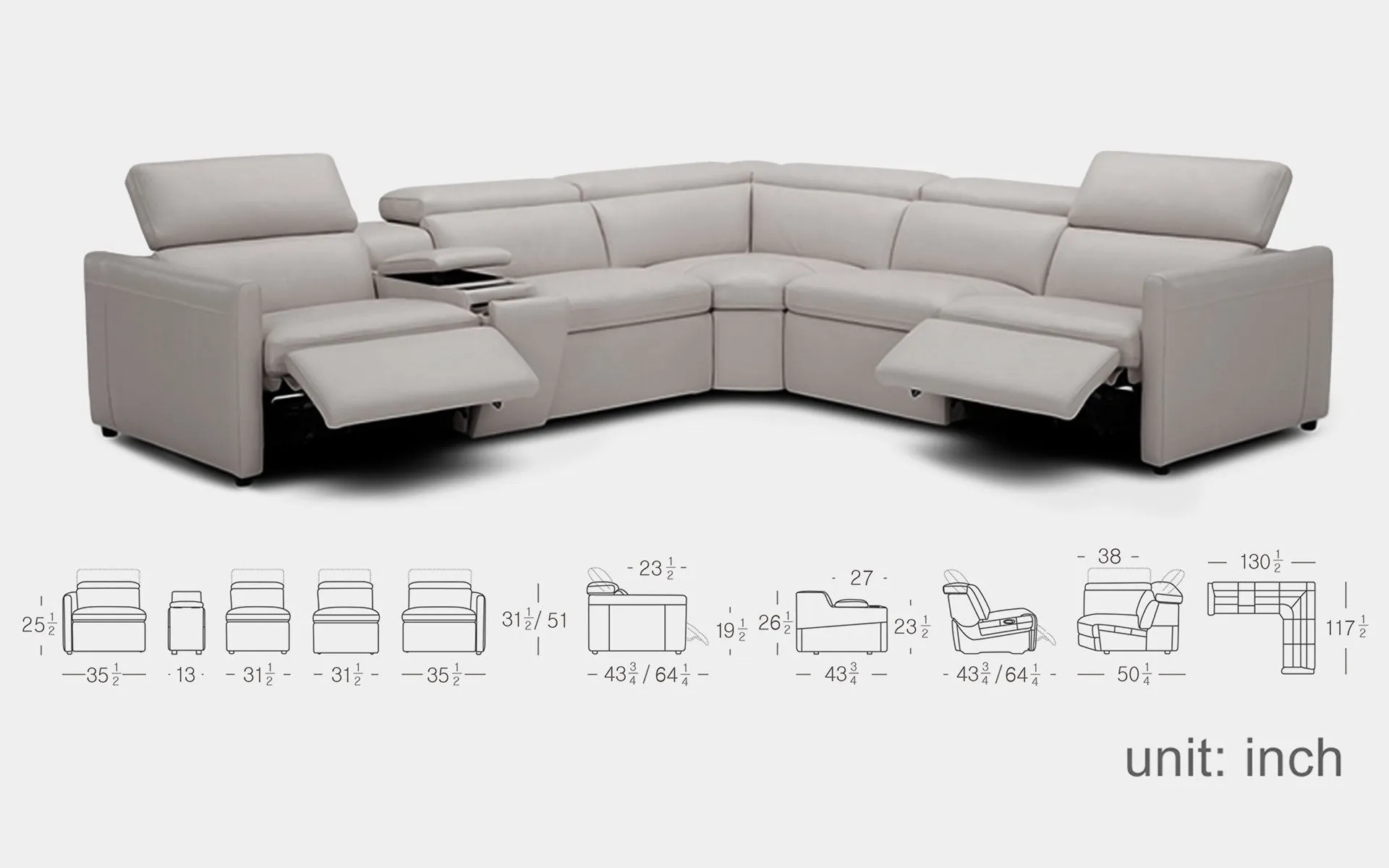 Maison Leather Recliner Sectional Sofa With Console