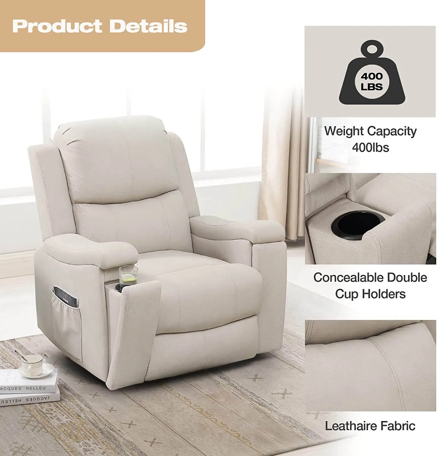 Massage Recliner Chair with Technological Fabric Leather Hidden Cup Holder, Creamy White