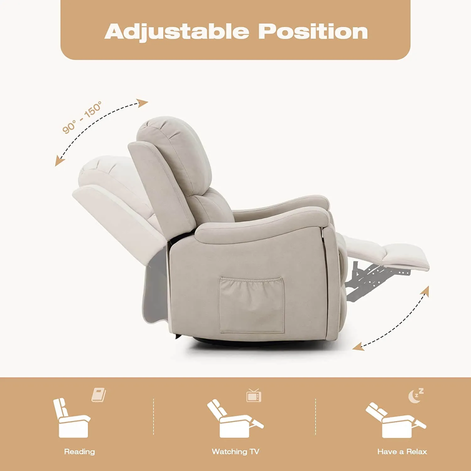 Massage Recliner Chair with Technological Fabric Leather Hidden Cup Holder, Creamy White