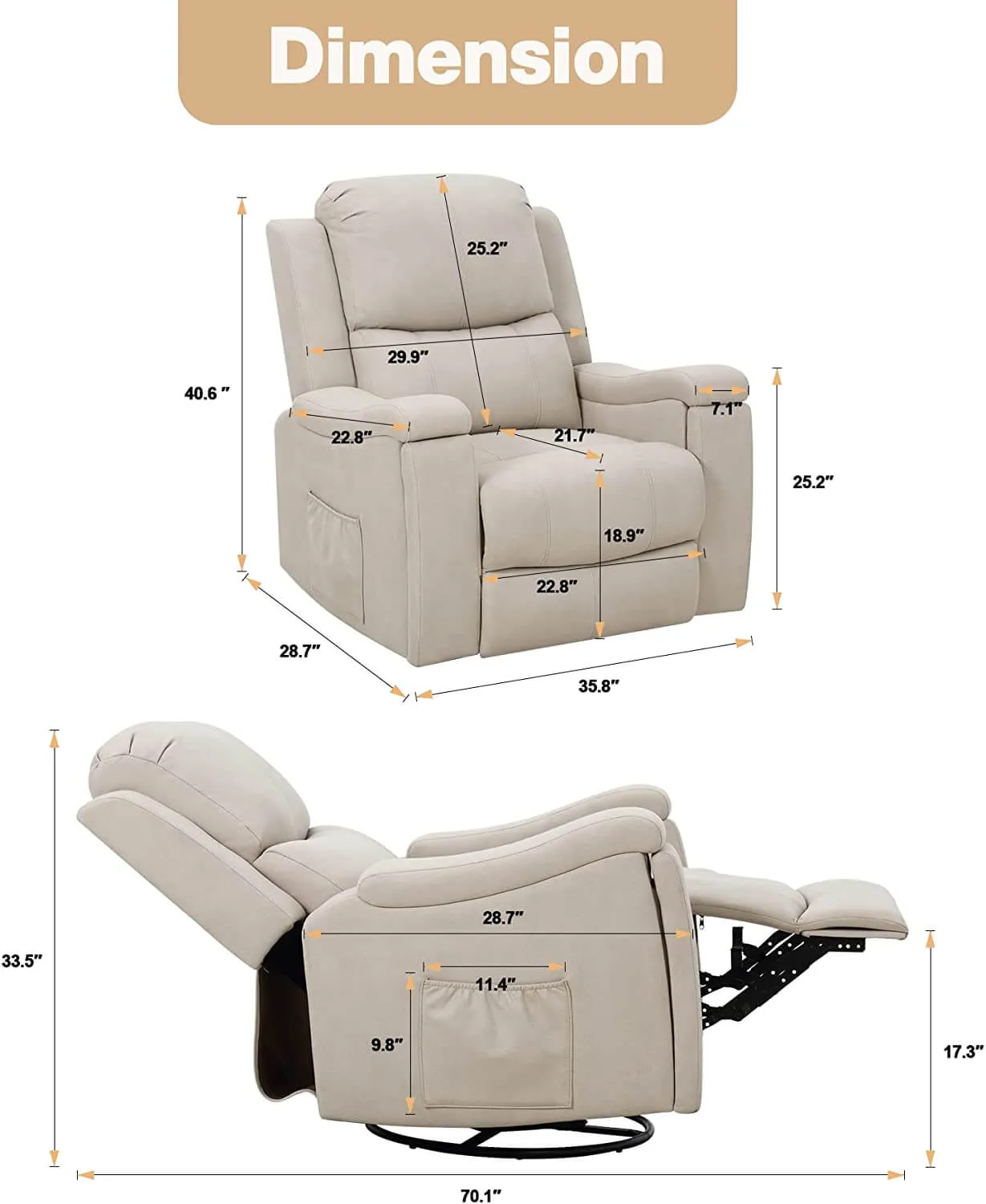 Massage Recliner Chair with Technological Fabric Leather Hidden Cup Holder, Creamy White