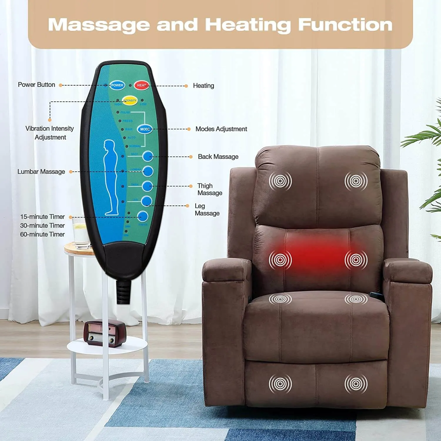 Massage Recliner Chair with Technological Fabric Leather Hidden Cup Holder, Dark Brown