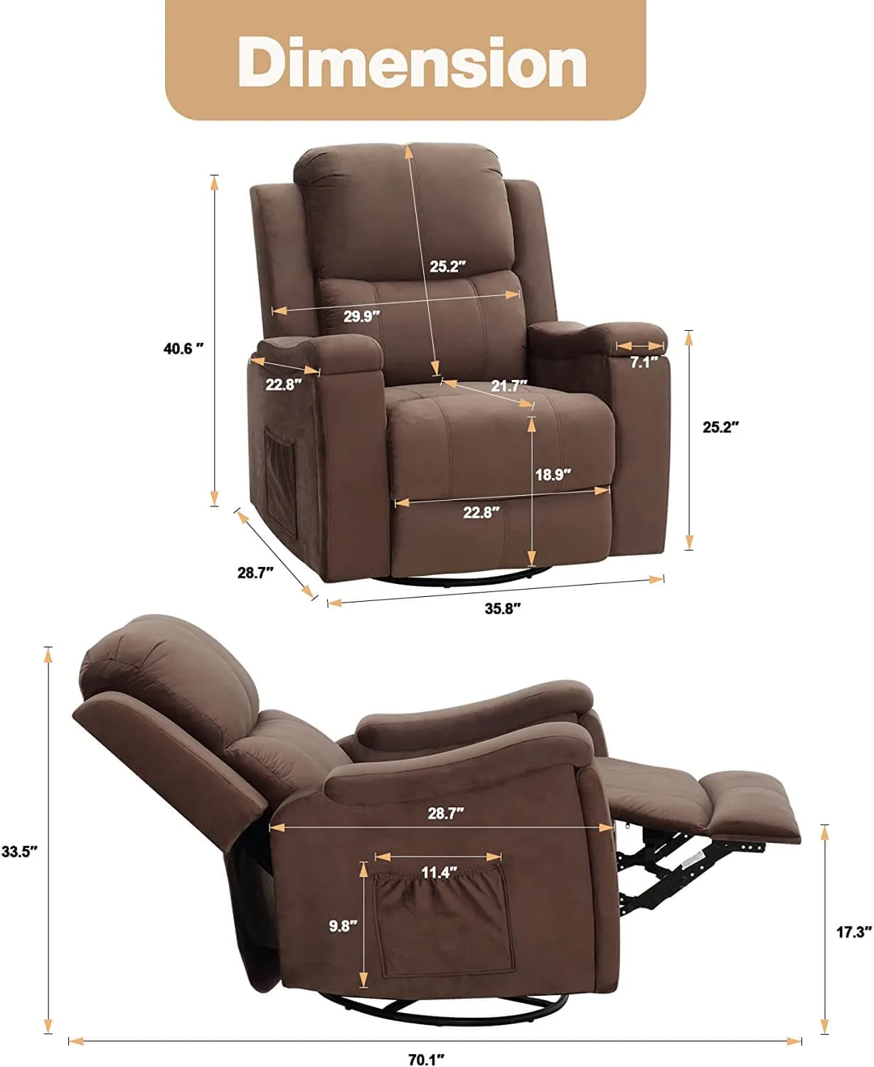 Massage Recliner Chair with Technological Fabric Leather Hidden Cup Holder, Dark Brown