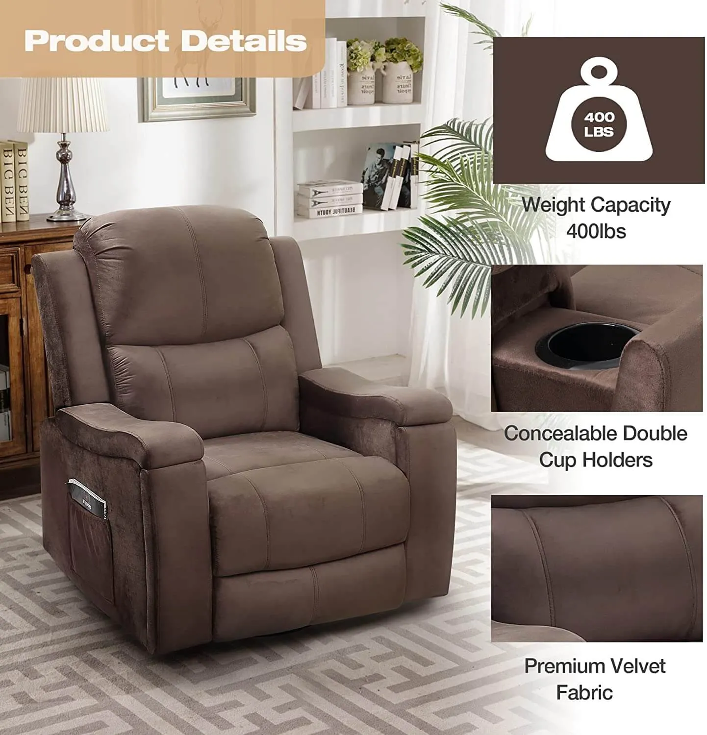 Massage Recliner Chair with Technological Fabric Leather Hidden Cup Holder, Dark Brown