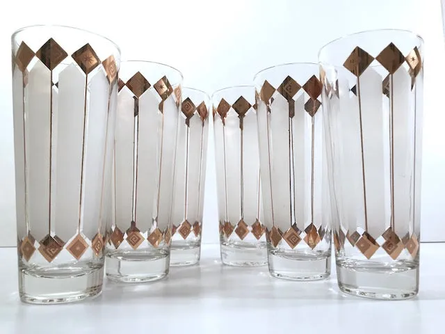 Mid-Century 22-Karat Gold and White Atomic Stars Tall Collins Glasses (Set of 6)