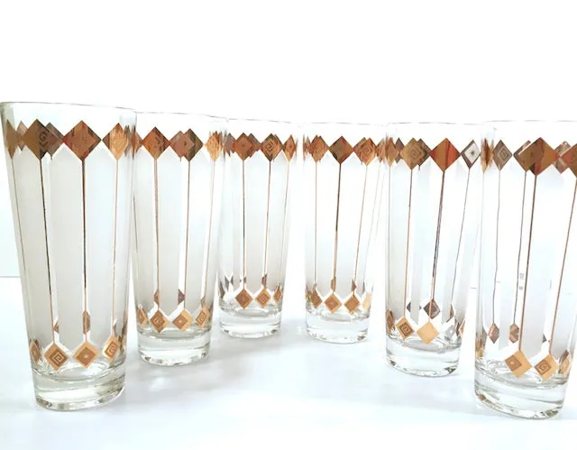 Mid-Century 22-Karat Gold and White Atomic Stars Tall Collins Glasses (Set of 6)