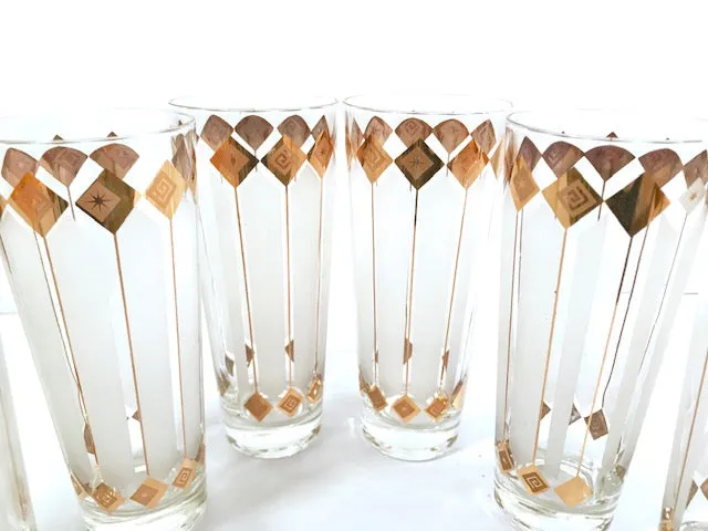 Mid-Century 22-Karat Gold and White Atomic Stars Tall Collins Glasses (Set of 6)