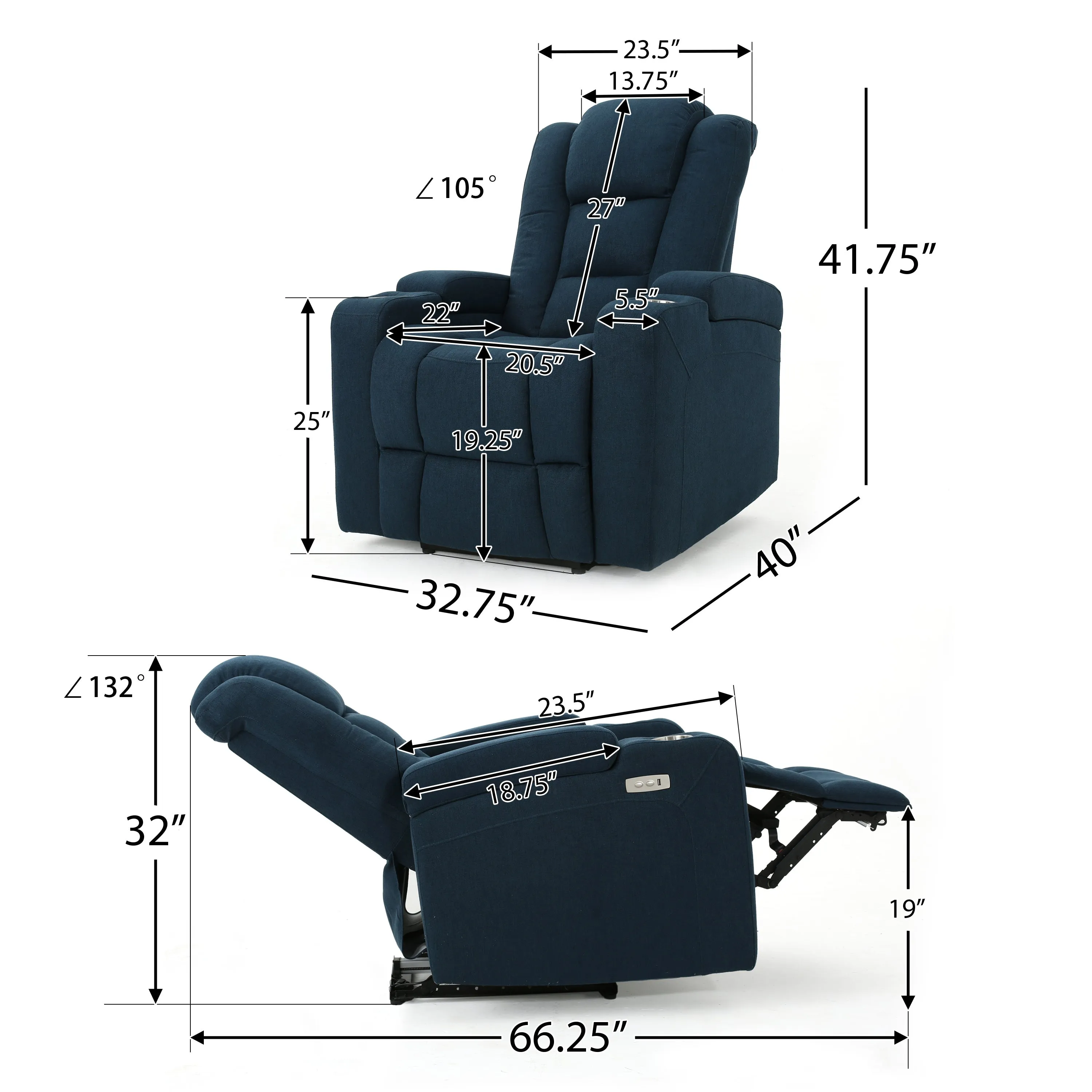 Mylah Recliner Chair with Arm Storage with USB - Navy Blue