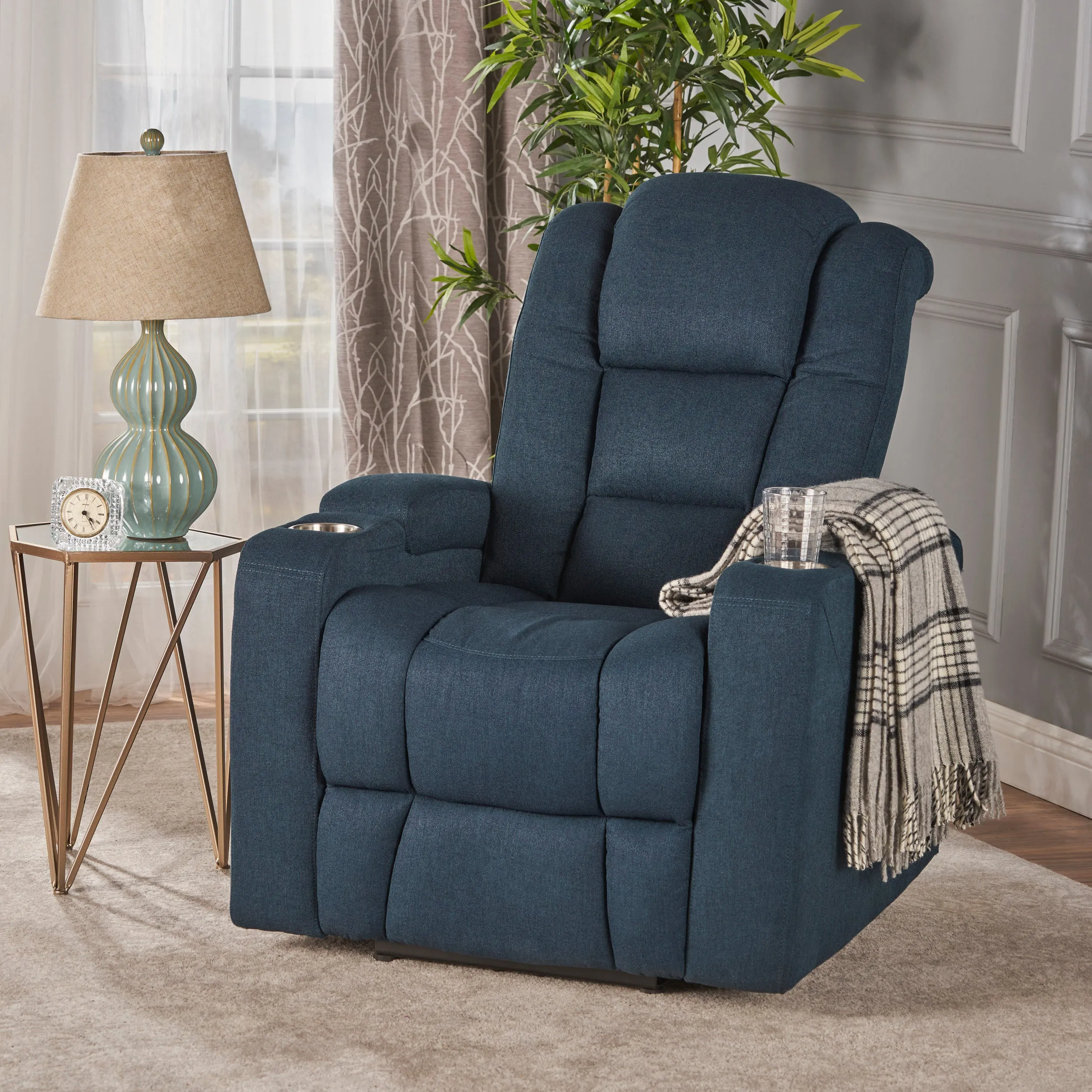 Mylah Recliner Chair with Arm Storage with USB - Navy Blue