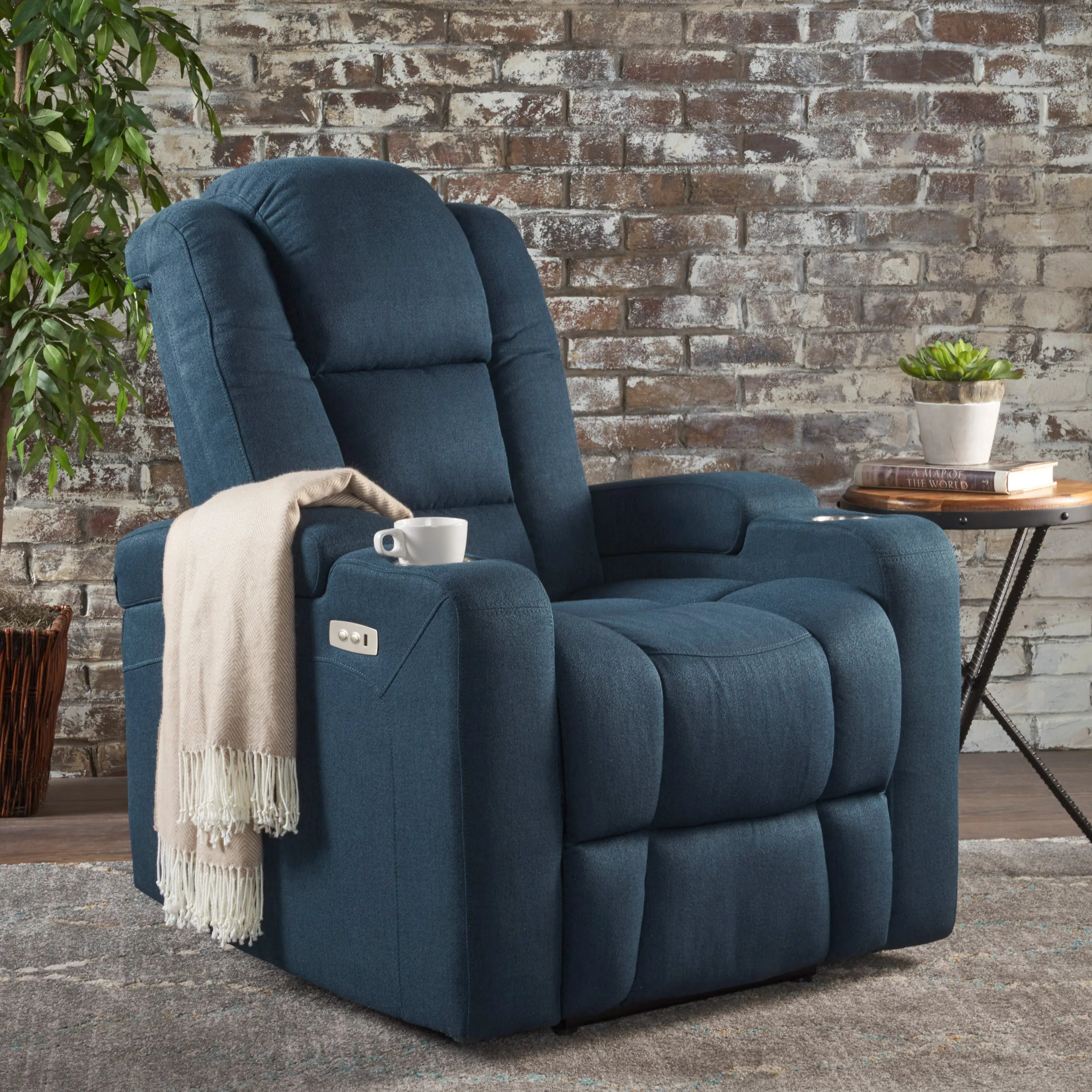 Mylah Recliner Chair with Arm Storage with USB - Navy Blue