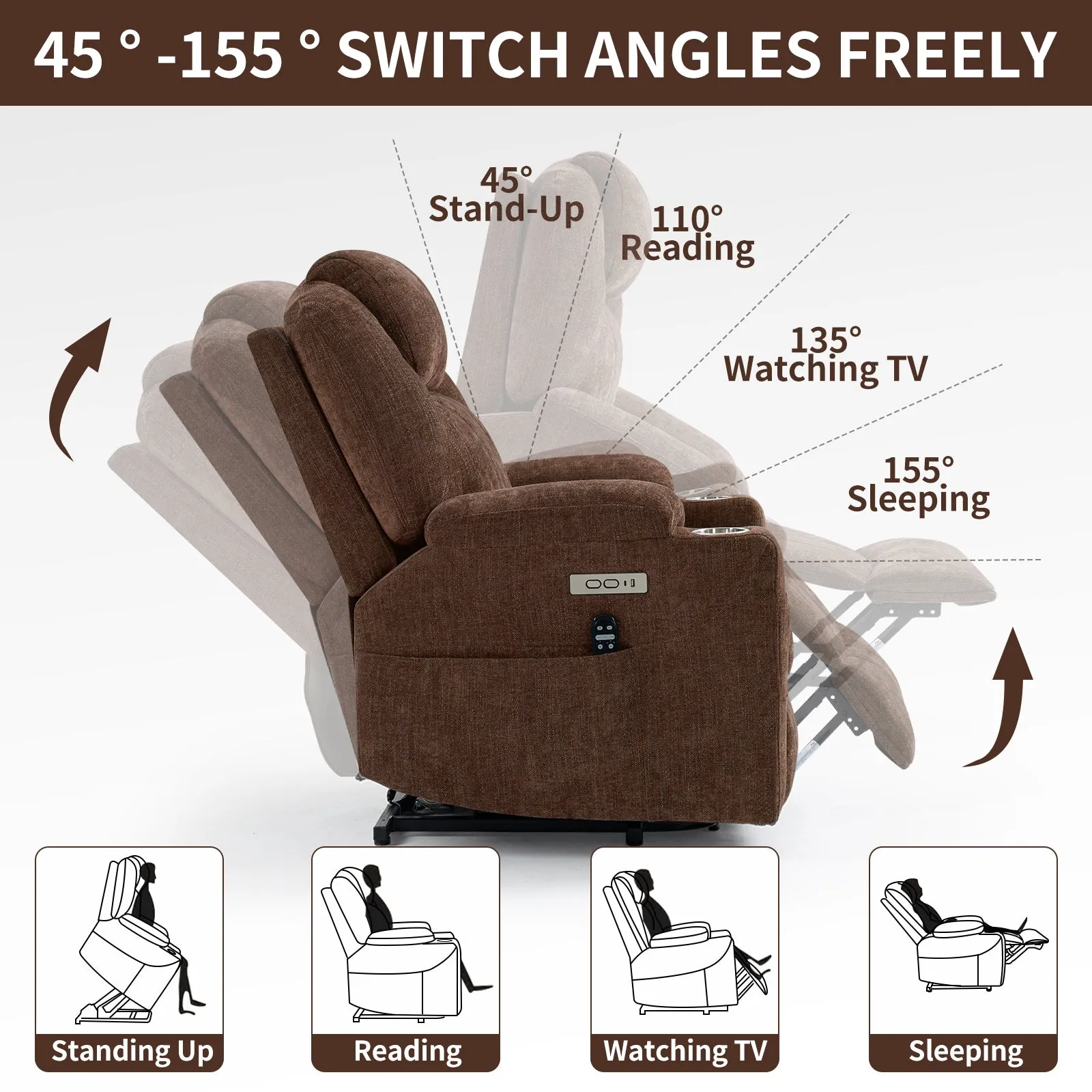 Okin Power Lift Chenille Recliner Chair with Massage & Heat - Brown