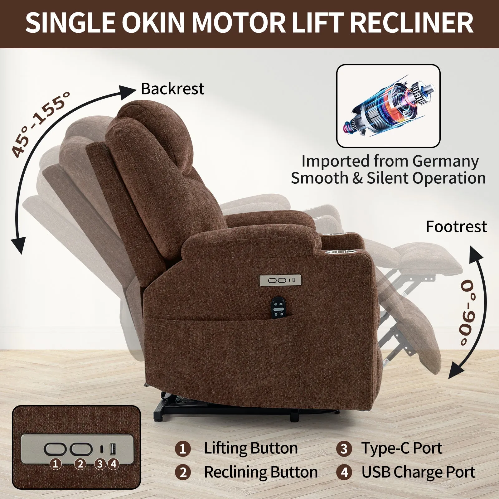 Okin Power Lift Chenille Recliner Chair with Massage & Heat - Brown