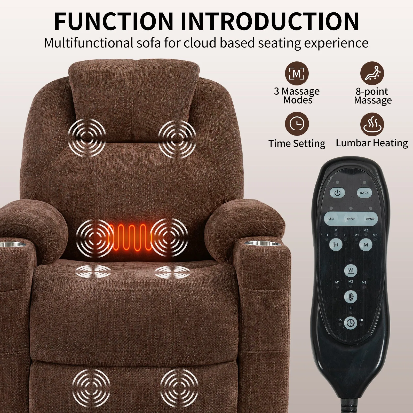 Okin Power Lift Chenille Recliner Chair with Massage & Heat - Brown