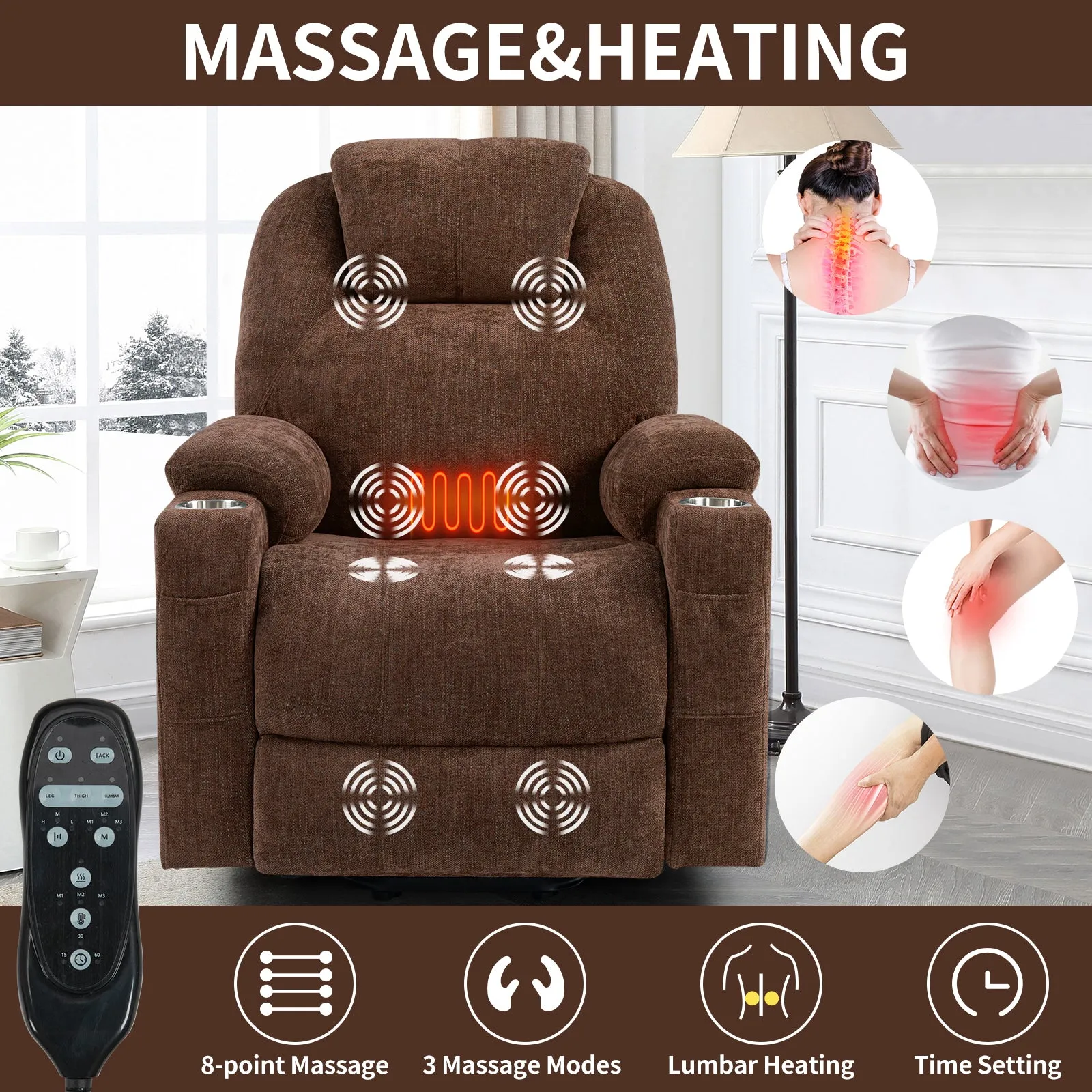 Okin Power Lift Chenille Recliner Chair with Massage & Heat - Brown