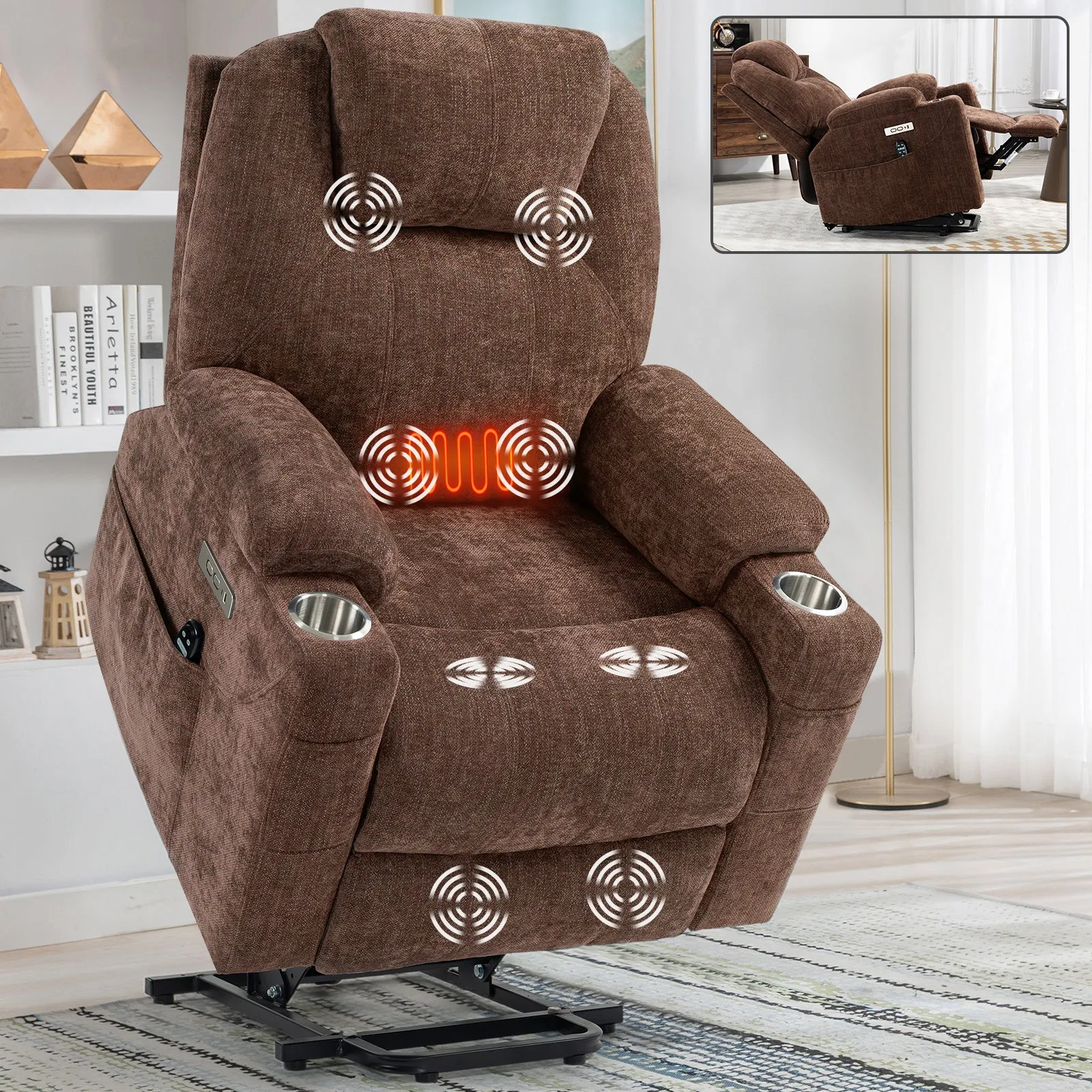 Okin Power Lift Chenille Recliner Chair with Massage & Heat - Brown