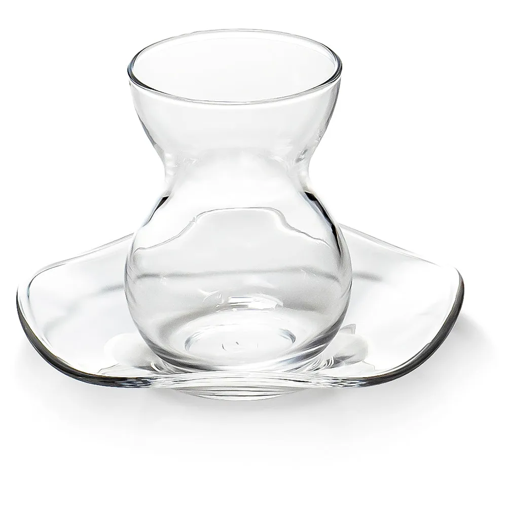 Red Co. Set of 6 Hourglass Shaped 4.75 Fl Oz Glass Turkish Tea Cups with Wavy Saucers, Clear