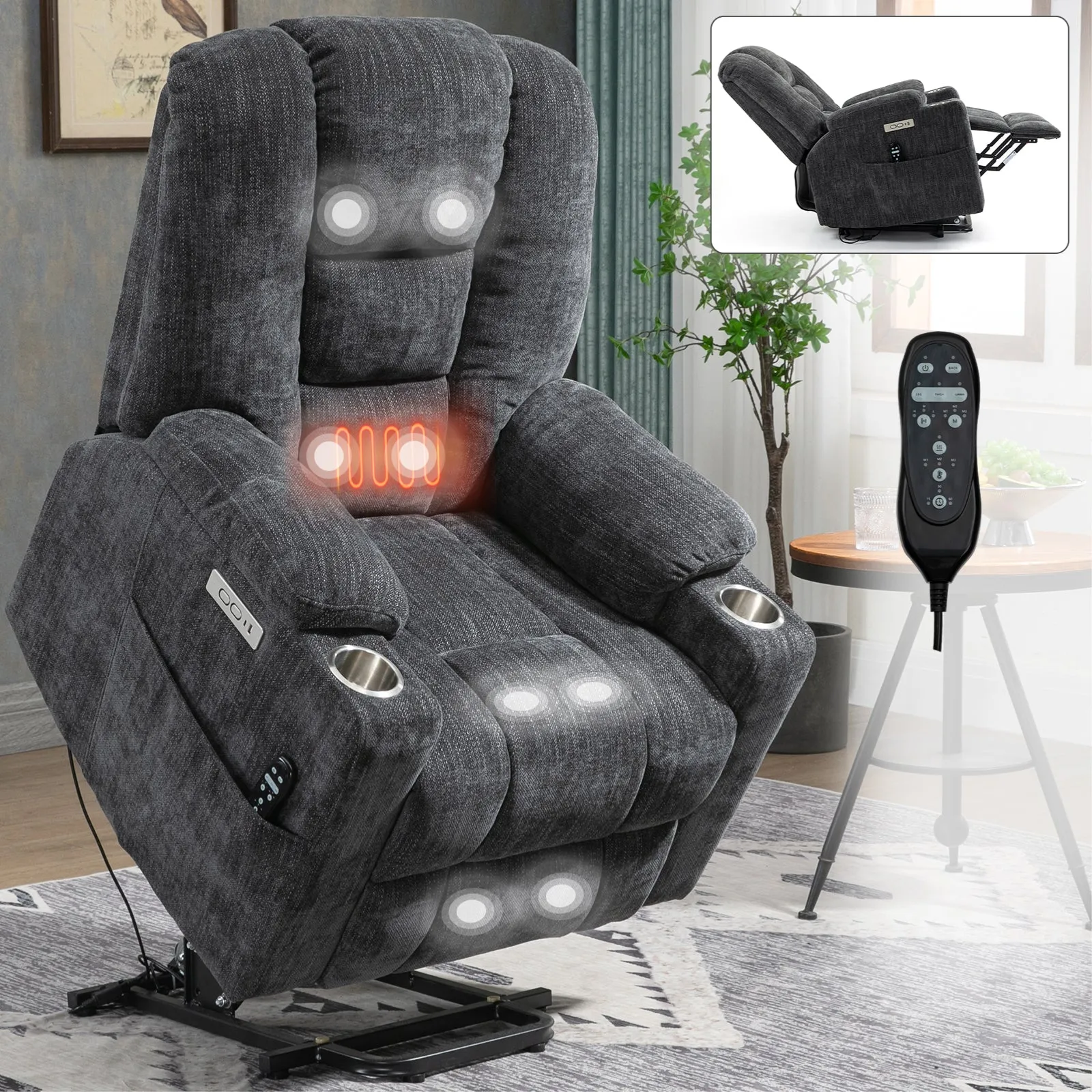 Rico Large Power Lift Recliner Chair with Heat and Massage - Gray