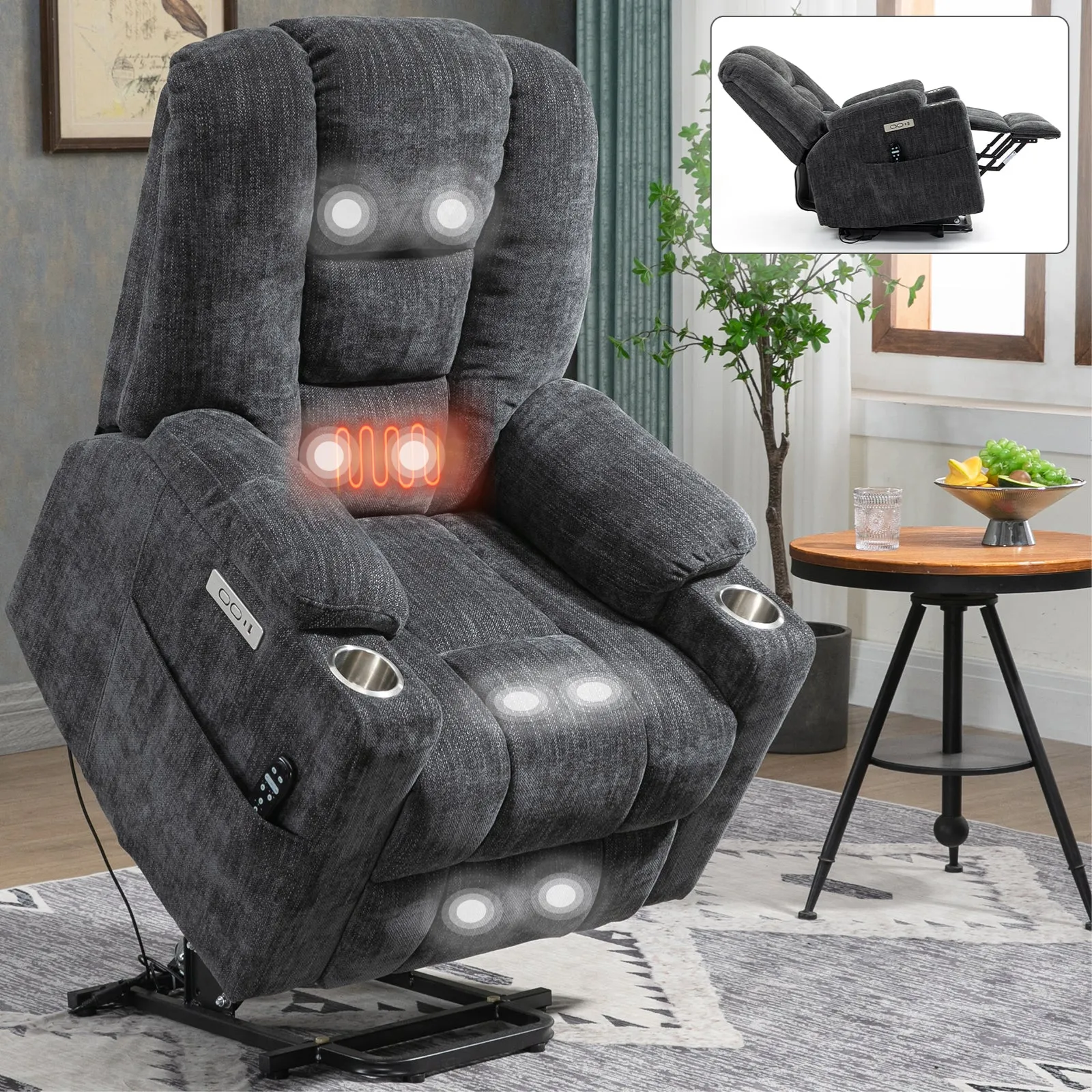 Rico Large Power Lift Recliner Chair with Heat and Massage - Gray