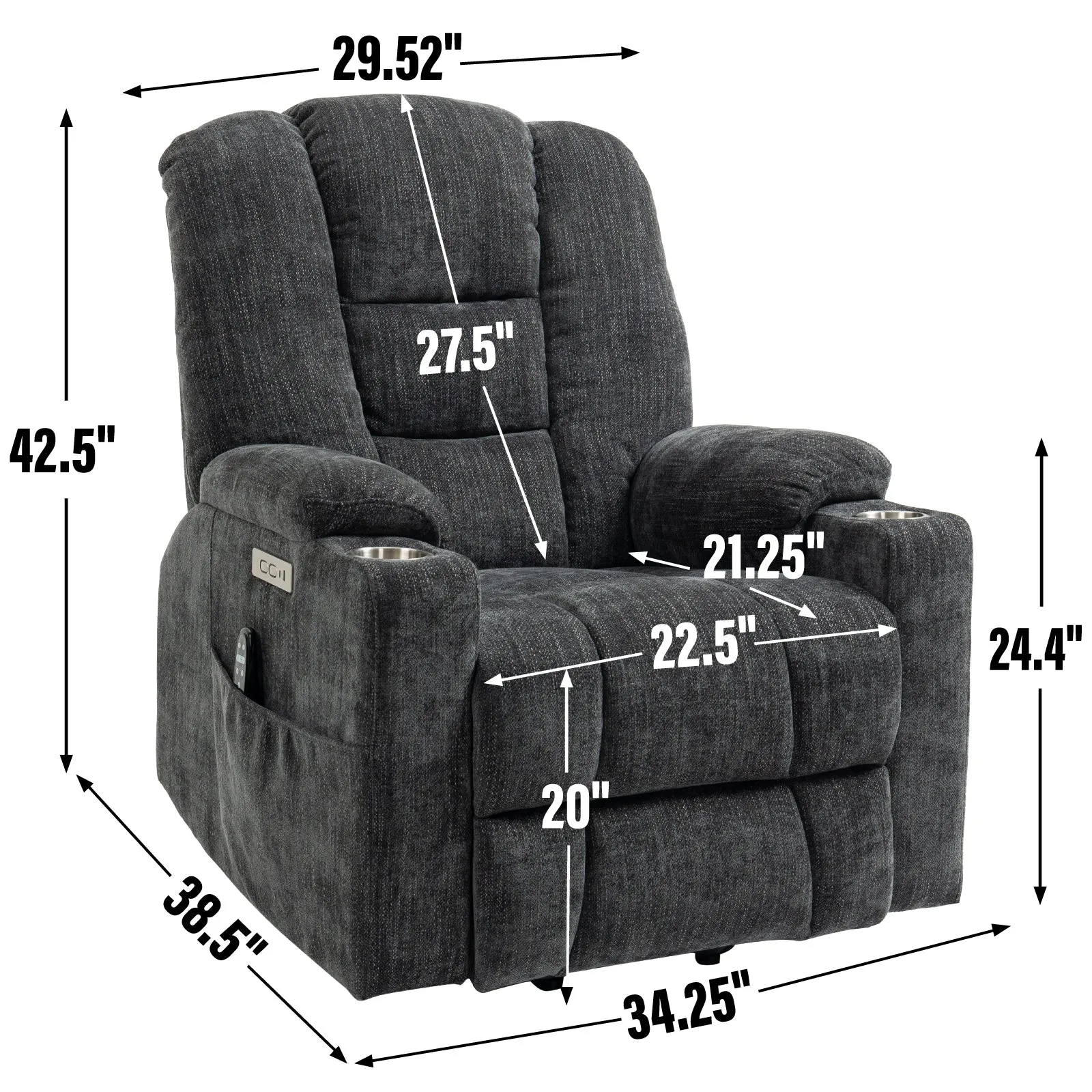 Rico Large Power Lift Recliner Chair with Heat and Massage - Gray