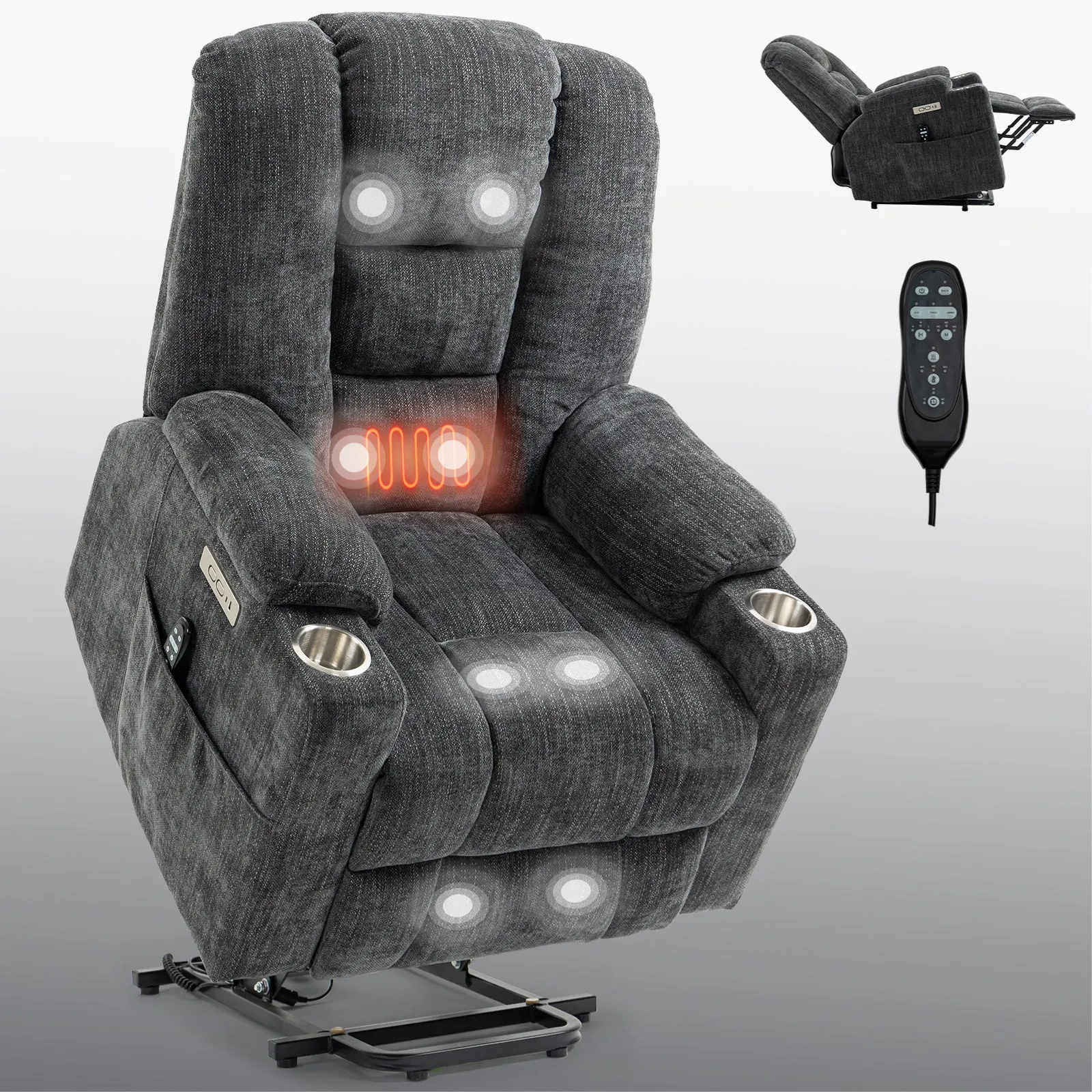 Rico Large Power Lift Recliner Chair with Heat and Massage - Gray