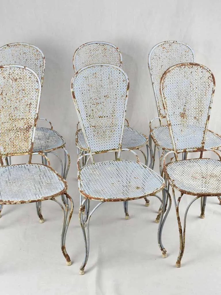 Set of six 1950s perforated garden chairs with lavender blue patina