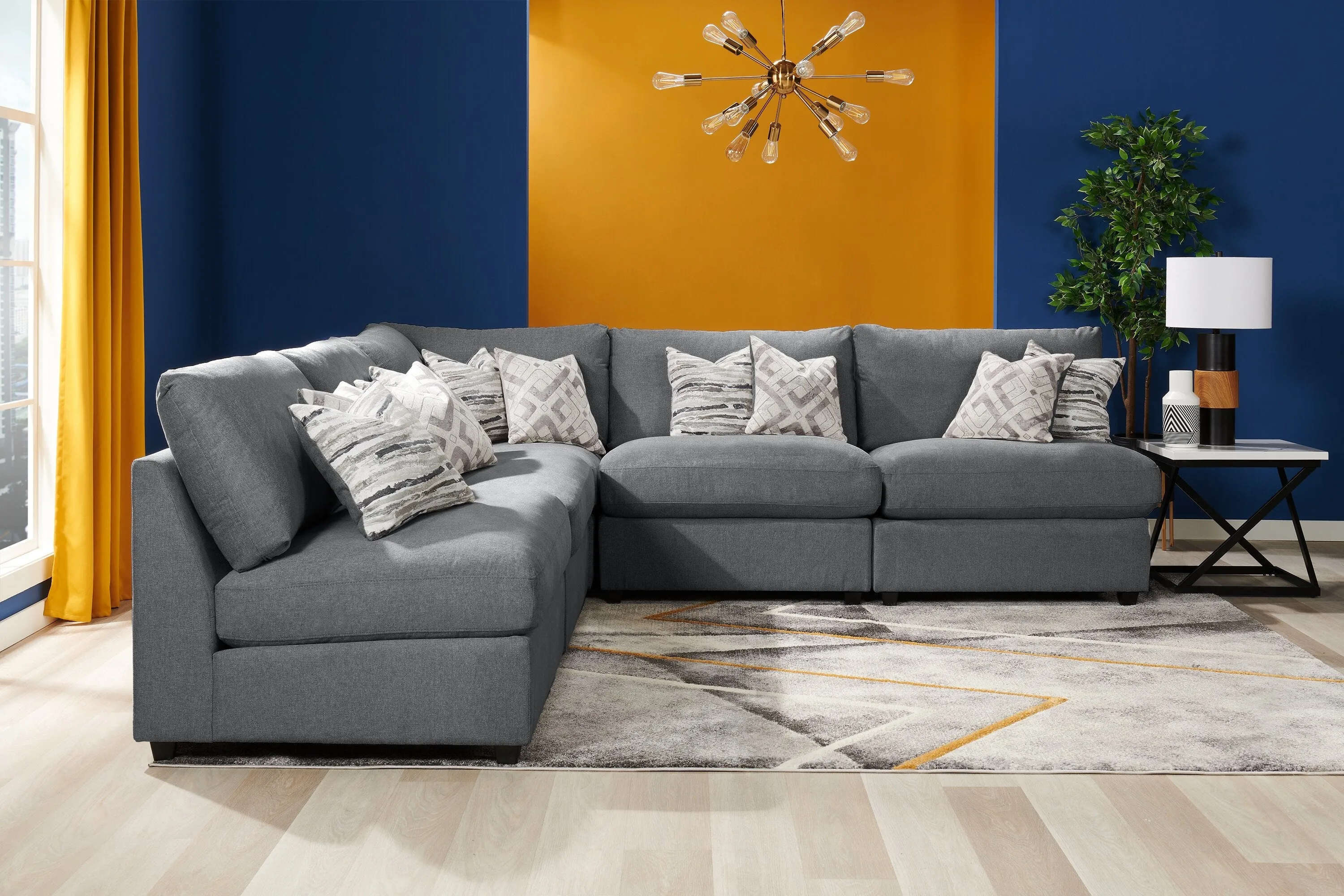 Skye Linen-Look Fabric 5-Piece Modular Sectional with 4 Armless Chairs - Charcoal