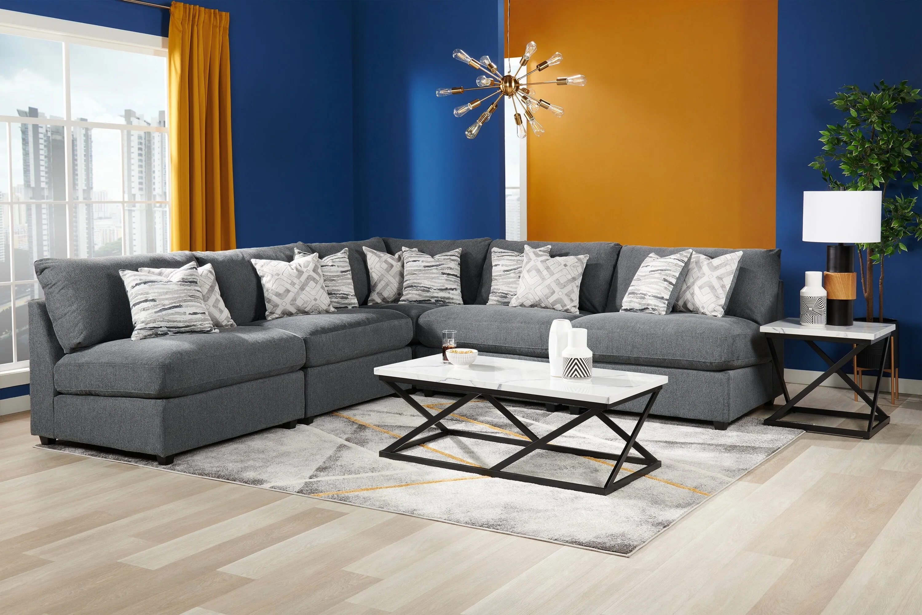 Skye Linen-Look Fabric 5-Piece Modular Sectional with 4 Armless Chairs - Charcoal