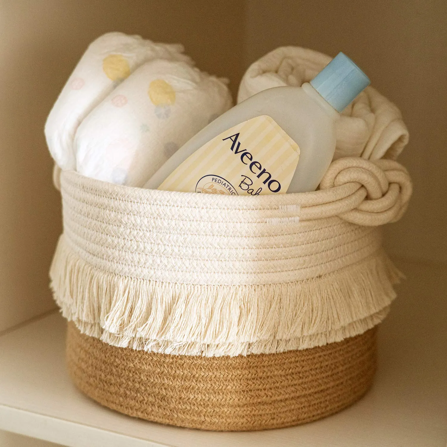 Small Woven Storage Baskets Cotton and Jute Rope Decorative Hamper