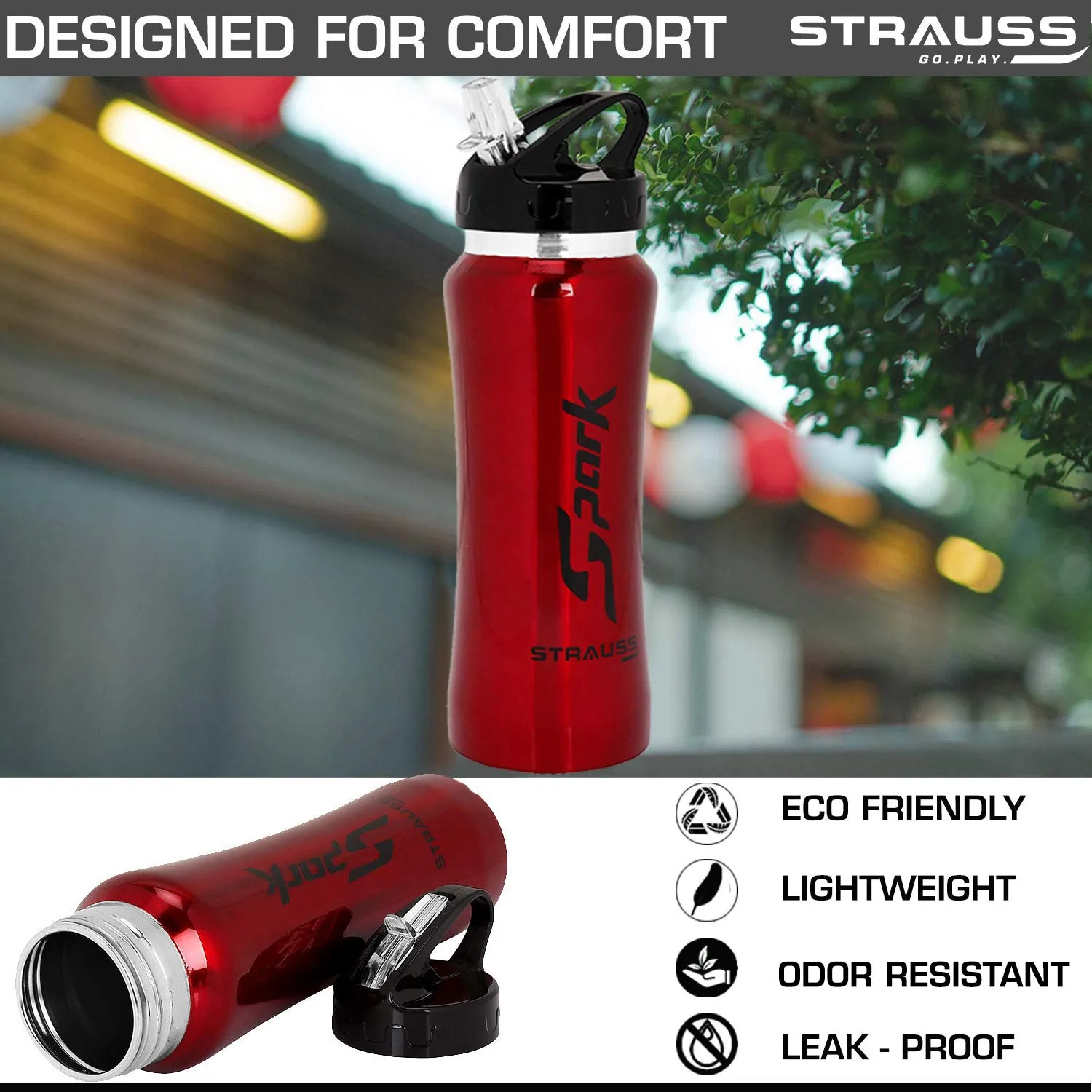 STRAUSS Spark Stainless-Steel Bottle | Leak-Proof Water Bottle | Water Bottle for Travel, Hiking, Trekking, Home, Office & School | Non-Toxic & BPA Free Steel Bottles | 750 ml,(Metal Finish Red)